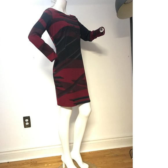 NWT Le Chateau XL Crimson Red Black Open Back Drape Bodycon Dress Lauren Holly - Picture 2 of 8